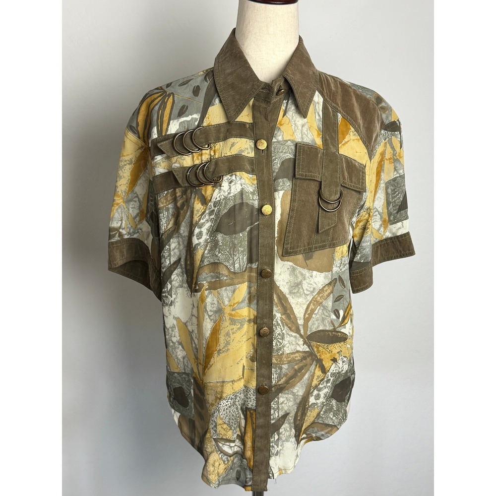 Cache Vintage 80's Abstract Print Safari Shirt D-Ring Hardware Olive Mustard